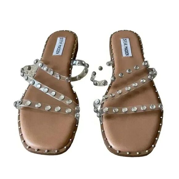 Steve Madden Skyler Clear Pearl Pyramid Studded Slip On Square Toe  Sandal SZ 8 - Picture 2 of 7
